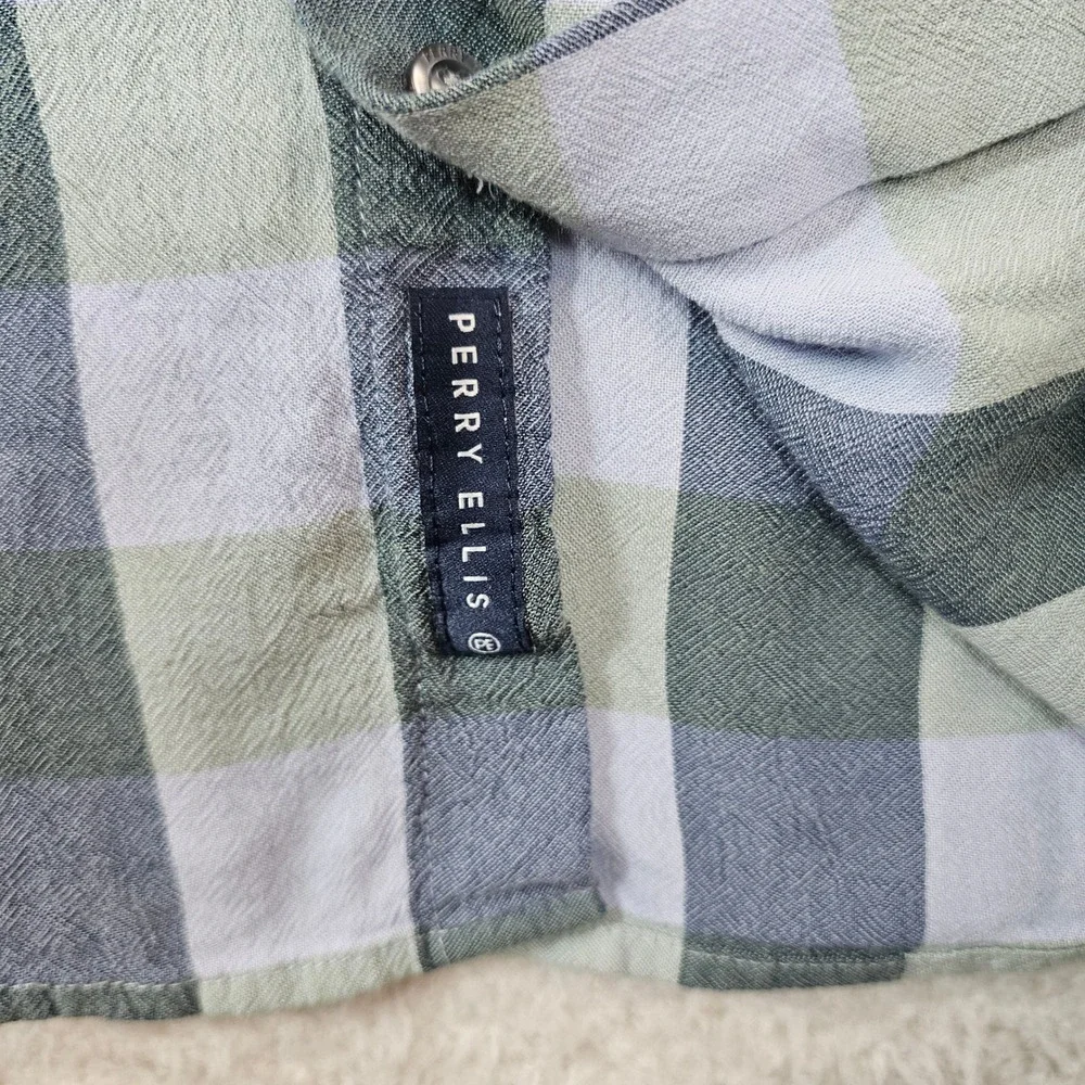 Perry Ellis Mens XXL Blue Green Plaid Viscose Long Sleeve Roll Tab Button Shirt